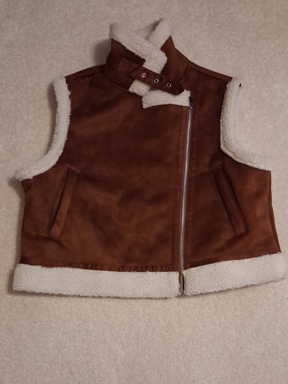 Birch & Stone Rust Brown Faux Suede Shearling Vest with White Sherpa Trim